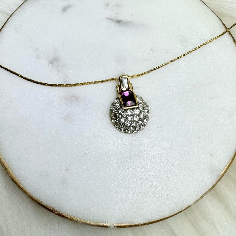 Vintage 80s Givenchy Pink Purple Stone Gold Tone Thin Necklace